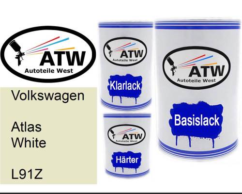 Volkswagen, Atlas White, L91Z: 500ml Lackdose + 500ml Klarlack + 250ml Härter - Set, von ATW Autoteile West.